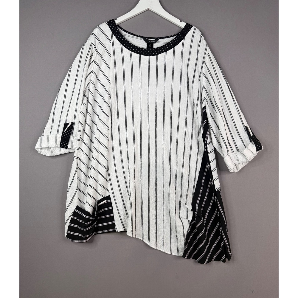 Ali Miles Tunic Top Womens 3X White Black Asymmetrical Mixed Print Lagenlook Art